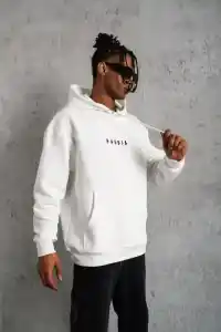 Erkek 3 İplik Pamuklu Kapüşonlu Baskılı Cepli Oversize Sweatshirt Hoodie - Beyaz