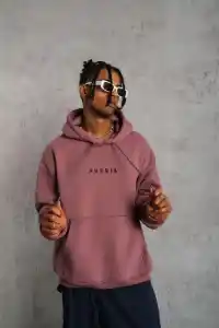 Erkek 3 İplik Pamuklu Kapüşonlu Baskılı Cepli Oversize Sweatshirt Hoodie - Gül Kurusu