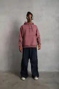 Erkek 3 İplik Pamuklu Kapüşonlu Baskılı Cepli Oversize Sweatshirt Hoodie - Gül Kurusu