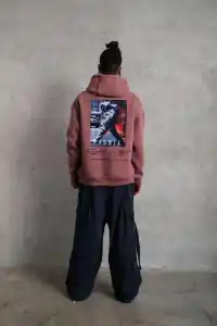 Erkek 3 İplik Pamuklu Kapüşonlu Baskılı Cepli Oversize Sweatshirt Hoodie - Gül Kurusu