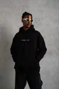 Erkek 3 İplik Pamuklu Kapüşonlu Baskılı Cepli Oversize Sweatshirt Hoodie - Siyah