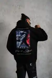 Erkek 3 İplik Pamuklu Kapüşonlu Baskılı Cepli Oversize Sweatshirt Hoodie - Siyah
