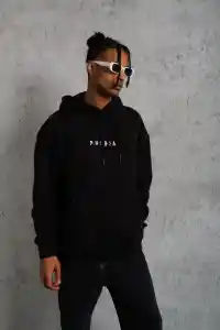 Erkek 3 İplik Pamuklu Kapüşonlu Baskılı Cepli Oversize Sweatshirt Hoodie - Siyah