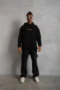Erkek 3 İplik Pamuklu Kapüşonlu Baskılı Cepli Oversize Sweatshirt Hoodie - Siyah