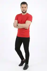Erkek Basic Tişört Bisiklet Yaka Kısa Kol Günlük Yazlık Slim fit T-Shirt - Kırmızı