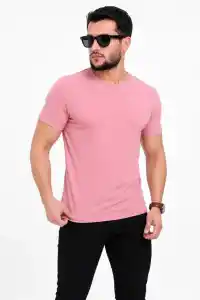 Erkek Basic Tişört Bisiklet Yaka Kısa Kol Günlük Yazlık Slim fit T-Shirt - Pembe