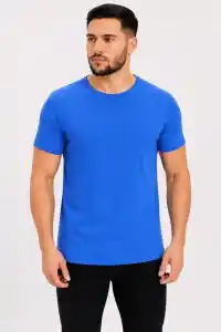 Erkek Basic Tişört Bisiklet Yaka Kısa Kol Günlük Yazlık Slim fit T-Shirt - Saks Mavisi