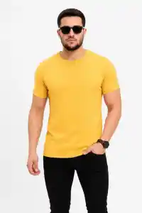 Erkek Basic Tişört Bisiklet Yaka Kısa Kol Günlük Yazlık Slim fit T-Shirt - Sarı