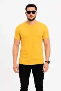 Erkek Basic Tişört Bisiklet Yaka Kısa Kol Günlük Yazlık Slim fit T-Shirt - Sarı