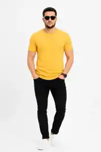 Erkek Basic Tişört Bisiklet Yaka Kısa Kol Günlük Yazlık Slim fit T-Shirt - Sarı