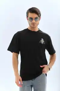 Erkek Baskılı Bisiklet Yaka Kısa kol T-Shirt - Siyah