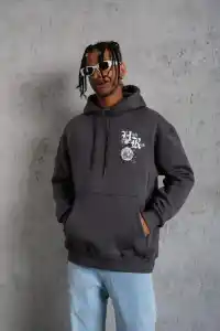 Erkek 3 İplik Pamuklu Kapüşonlu Baskılı Cepli Oversize Sweatshirt Hoodie - Füme