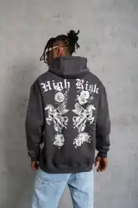 Erkek 3 İplik Pamuklu Kapüşonlu Baskılı Cepli Oversize Sweatshirt Hoodie - Füme