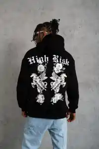 Erkek 3 İplik Pamuklu Kapüşonlu Baskılı Cepli Oversize Sweatshirt Hoodie - Siyah