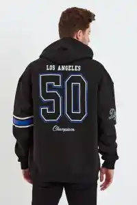 Erkek 3 İplik Pamuklu Kapüşonlu Baskılı Cepli Oversize Sweatshirt Hoodie - Siyah