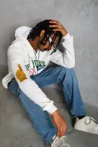 Erkek 3 İplik Pamuklu Kapüşonlu Baskılı Cepli Oversize Sweatshirt Hoodie - Beyaz