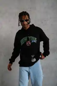 Erkek 3 İplik Pamuklu Kapüşonlu Baskılı Cepli Oversize Sweatshirt Hoodie - Siyah