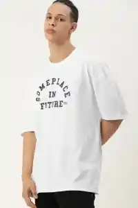 Erkek Kısa Kol Yazlık Tişört Bisiklet Yaka Baskılı Oversize T-Shirt - Beyaz