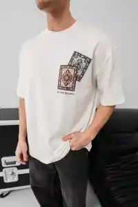 Erkek Yazlık Bisiklet Yaka Baskılı Regular Fit Tişört Kısa Kol T-Shirt - Beyaz
