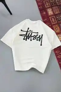 Erkek Kısa Kol Yazlık Tişört Bisiklet Yaka Baskılı Oversize T-Shirt - Beyaz