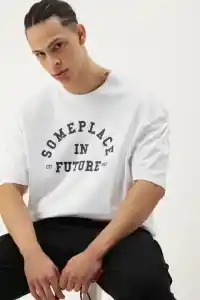 Erkek Kısa Kol Yazlık Tişört Bisiklet Yaka Baskılı Oversize T-Shirt - Beyaz