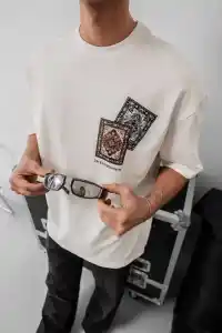 Erkek Yazlık Bisiklet Yaka Baskılı Regular Fit Tişört Kısa Kol T-Shirt - Beyaz