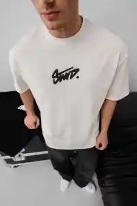 Erkek Tişört Yazlık Baskılı Oversize Kısa kol T-Shirt - Beyaz