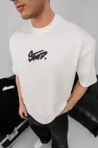 Erkek Tişört Yazlık Baskılı Oversize Kısa kol T-Shirt - Beyaz
