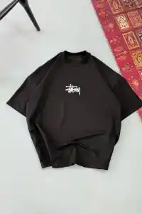 Erkek Kısa Kol Yazlık Tişört Bisiklet Yaka Baskılı Oversize T-Shirt - Siyah