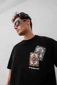 Erkek Yazlık Bisiklet Yaka Baskılı Regular Fit Tişört Kısa Kol T-Shirt - Siyah