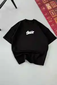 Erkek Kısa Kol Yazlık Tişört Bisiklet Yaka Baskılı Oversize T-Shirt - Siyah