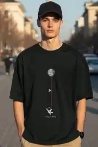 Erkek Baskılı T-Shirt Kısa Kol Bisiklet Yaka Regular Fit Rahat Kalıp Tişört - Siyah