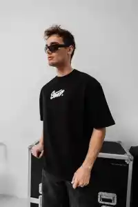 Erkek Kısa Kol Yazlık Tişört Bisiklet Yaka Baskılı Oversize T-Shirt - Siyah
