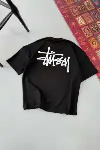 Erkek Kısa Kol Yazlık Tişört Bisiklet Yaka Baskılı Oversize T-Shirt - Siyah