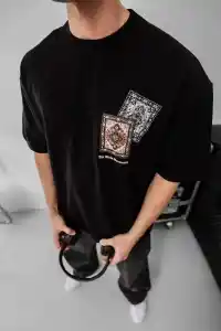 Erkek Yazlık Bisiklet Yaka Baskılı Regular Fit Tişört Kısa Kol T-Shirt - Siyah