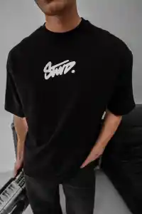 Erkek Kısa Kol Yazlık Tişört Bisiklet Yaka Baskılı Oversize T-Shirt - Siyah