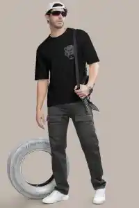 Erkek Kısa Kol Yazlık Tişört Bisiklet Yaka ASLAN Baskılı T-Shirt - Siyah