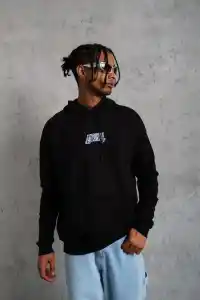 Erkek 3 İplik Pamuklu Kapüşonlu Baskılı Cepli Oversize Sweatshirt Hoodie - Siyah