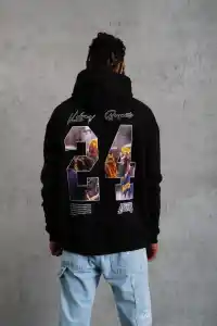 Erkek 3 İplik Pamuklu Kapüşonlu Baskılı Cepli Oversize Sweatshirt Hoodie - Siyah