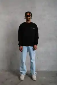 Erkek Bisiklet Yaka Baskılı 3 iplik pamuklu Sweatshirt - Siyah