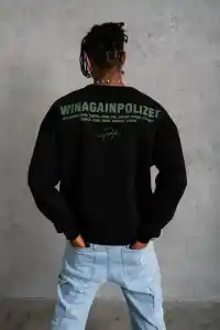 Erkek Bisiklet Yaka Baskılı 3 iplik pamuklu Sweatshirt - Siyah