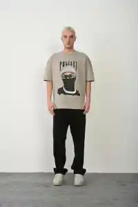 Erkek Baskılı T-Shirt Kısa Kol Bisiklet Yaka Rahat Kalıp Tişört - Boyalı Gri