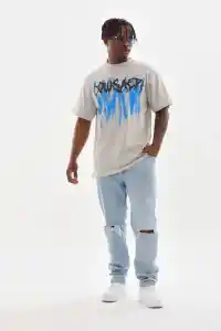 Erkek Baskılı T-Shirt Kısa Kol Bisiklet Yaka Rahat Kalıp Tişört - Gri