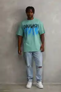 Erkek Baskılı T-Shirt Kısa Kol Bisiklet Yaka Rahat Kalıp Tişört - Mint Yeşili