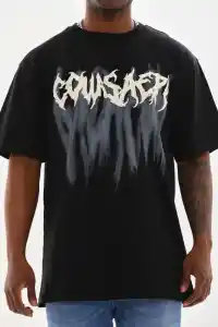 Erkek Baskılı T-Shirt Kısa Kol Bisiklet Yaka Rahat Kalıp Tişört - Siyah
