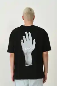 Erkek Baskılı T-Shirt Kısa Kol Bisiklet Yaka Rahat Kalıp Tişört - Siyah