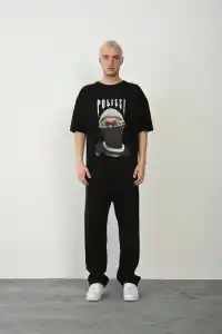 Erkek Baskılı T-Shirt Kısa Kol Bisiklet Yaka Rahat Kalıp Tişört - Siyah