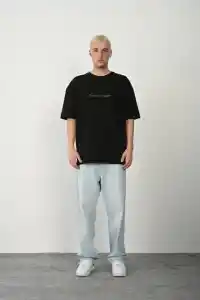 Erkek Baskılı T-Shirt Kısa Kol Bisiklet Yaka Rahat Kalıp Tişört  - Siyah