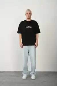 Erkek Baskılı T-Shirt Kısa Kol Bisiklet Yaka Rahat Kalıp Tişört - Siyah