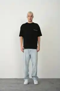 Erkek Baskılı T-Shirt Kısa Kol Bisiklet Yaka Rahat Kalıp Tişört  - Siyah